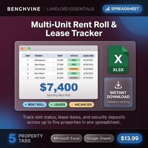Könnte beinhalten: Eine digitale Tabelle für Vermieter mit dem Titel "Multi-Unit Rent Roll & Lease Tracker". Das Bild zeigt eine Tabelle mit Miet- und Leasinginformationen, ein Excel-Symbol und den Text "Sofort-Download". Es verfolgt den Mietstatus und die Leasingdaten.