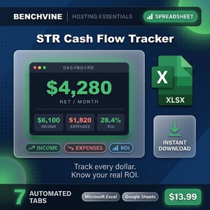 May include: A digital graphic promoting an STR Cash Flow Tracker spreadsheet. The dashboard displays a net income of $4,280 per month, with income, expenses, and ROI figures. Includes an Excel file icon and an instant download button.