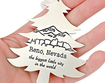 Reno, Nevada Skyline Tree Ornament - Engraved Hand Stamped Jewelry