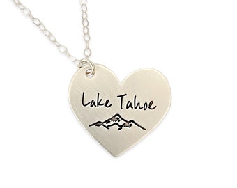 Lake Tahoe Sterling Silver Heart Necklace, Lake Tahoe Jewelry, Heart of Tahoe Gift, Lake Love Engraved Personalized