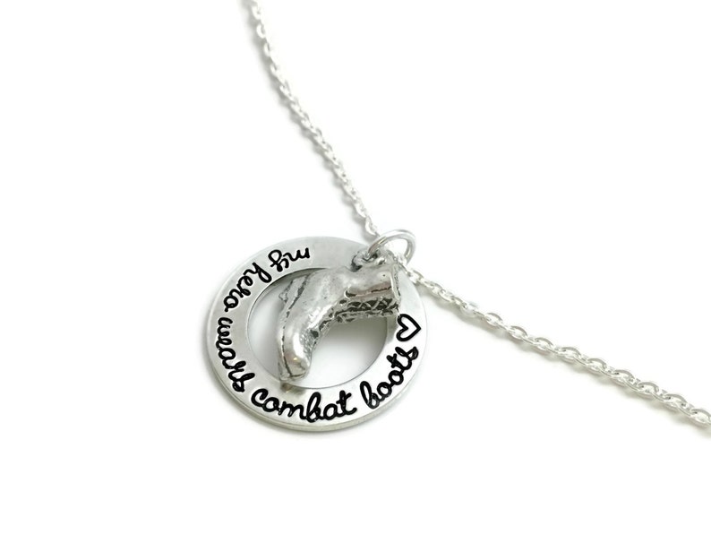 Soldier Necklace Custom Necklace- Hand Stamped Jewelry Personalized Engraved Jewelry My Hero Wears Combat Boots Wife Of A Soldier