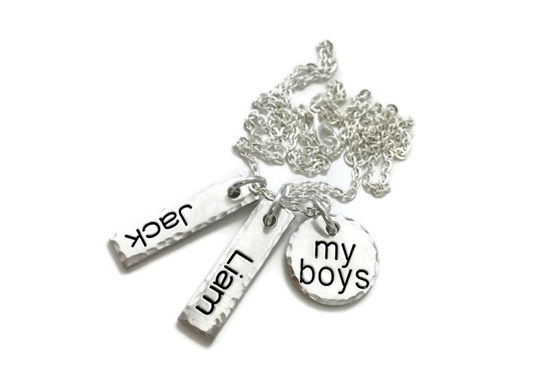 Hand Stamped Jewelry Personalized Jewelry My Boys or My Girls Kids Names Stamped Pewter Necklace Mother/'s Day Mothers Day