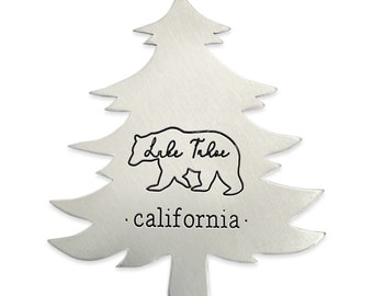 Lake Tahoe California Bear Tree Ornament - Engraved Hand Stamped Jewelry