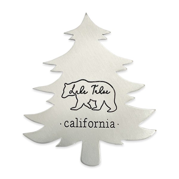 Lake Tahoe California Bear Tree Ornament - Engraved Hand Stamped Jewelry