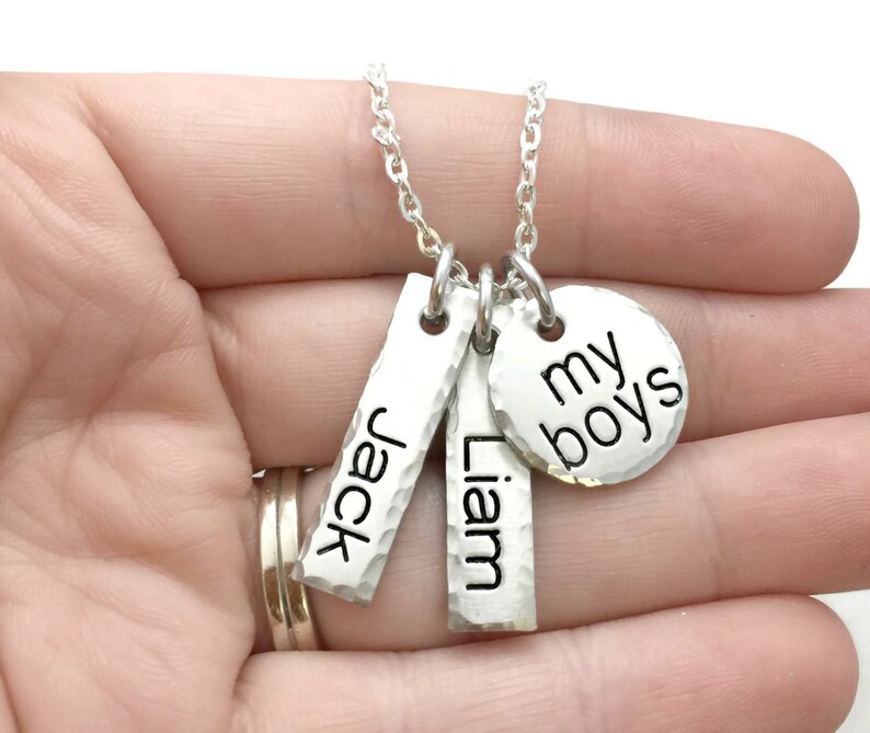 Hand Stamped Jewelry Personalized Jewelry My Boys or My Girls Kids Names Stamped Pewter Necklace Mother/'s Day Mothers Day