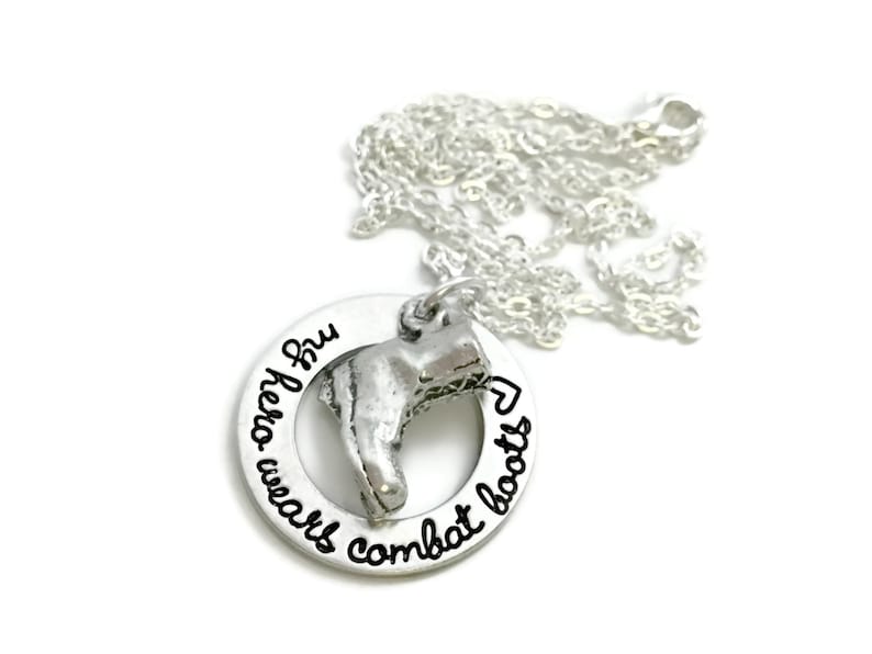 Soldier Necklace Custom Necklace- Hand Stamped Jewelry Personalized Engraved Jewelry My Hero Wears Combat Boots Wife Of A Soldier
