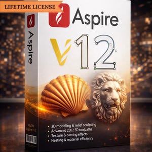 Puede incluir: Caja del producto para el software Aspire V12. La caja es blanca con el logotipo de Aspire y el texto "V12" en números grandes. La caja presenta una concha y una escultura de cabeza de león. El texto "LIFETIME LICENSE" está en una pancarta. La caja enumera las características.