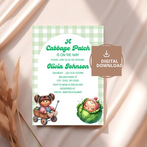 May include: A digital download invitation with a green gingham background. The invitation reads "A Cabbage Patch is on the way" and includes details for a baby shower for Olivia Johnson. The design features a baby in a cabbage and a doll.