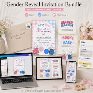Könnte beinhalten: Ein Gender-Reveal-Einladungsset mit einer digitalen Vorlage auf Laptop, Tablet und Smartphone. Das Design zeigt Hasen, rosa-blaues Karomuster sowie den Text He or She, Diaper Raffle und Karten für Bücher für das Baby.