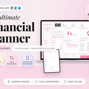May include: A digital financial planner displayed on a laptop, tablet, and smartphone screen. The interface features pink and white color schemes with charts, calendars, and financial data. Text includes "the ultimate financial planner" and "Free demo".