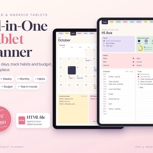 May include: An all-in-one digital tablet planner for iPad and Android tablets displayed on two screens. The interface features a monthly calendar view, daily schedule, habit tracker, and mood tracker with pastel colour-coded sections and text.