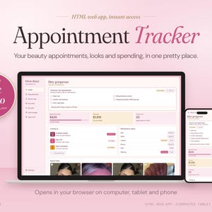 Pode incluir: Uma aplicação web de rastreamento de agendamentos exibida na tela de um laptop e de um smartphone. A interface apresenta um esquema de cores rosa claro com texto incluindo Appointment Tracker, Hey gorgeous e um emblema Free demo.
