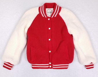 Chaqueta de punto estilo universitario Outerbound vintage de los años 80, talla 10, roja y blanca, estilo deportivo retro preppy.