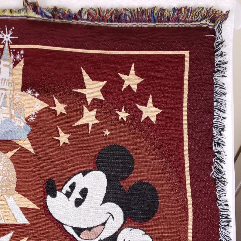 Walt Disney World Woven Tapestry Throw Blanket Maroon Mickey Mouse Four Parks image 3