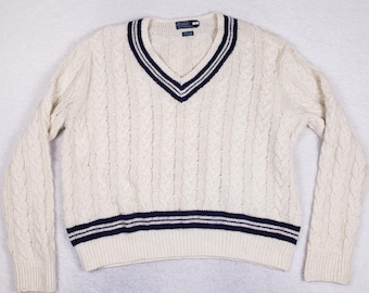 Suéter Polo Ralph Lauren vintage dos anos 90, tamanho XXL, tricô trançado, cor marfim, modelo Tilden Cricket Prep