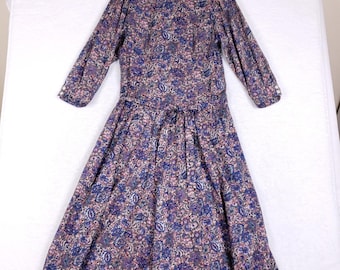 Vestido vintage Lanz Originals, tamanho 14, floral, algodão, midi, manga longa, estilo cottagecore anos 80.