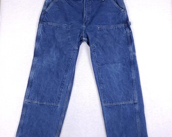 Calça jeans vintage Carhartt B73 DST Double Knee Dungaree Fit, tamanho 40x30, azul.