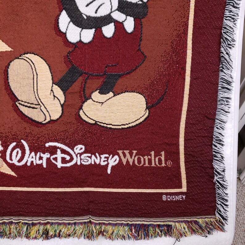 Walt Disney World Woven Tapestry Throw Blanket Maroon Mickey Mouse Four Parks image 4