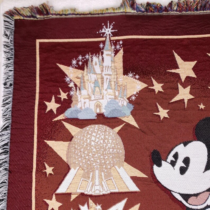 Walt Disney World Woven Tapestry Throw Blanket Maroon Mickey Mouse Four Parks image 2