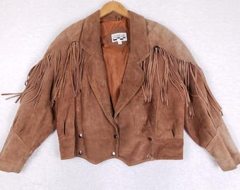 Jaqueta feminina vintage Yearbook com franjas e camurça, tamanho M, estilo western cropped marrom.