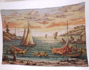 VTG Dutch Harbor Woven Tapestry Large 37x52 Sailing Ships Windmill Sunset Art