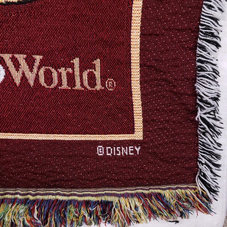 Walt Disney World Woven Tapestry Throw Blanket Maroon Mickey Mouse Four Parks image 6
