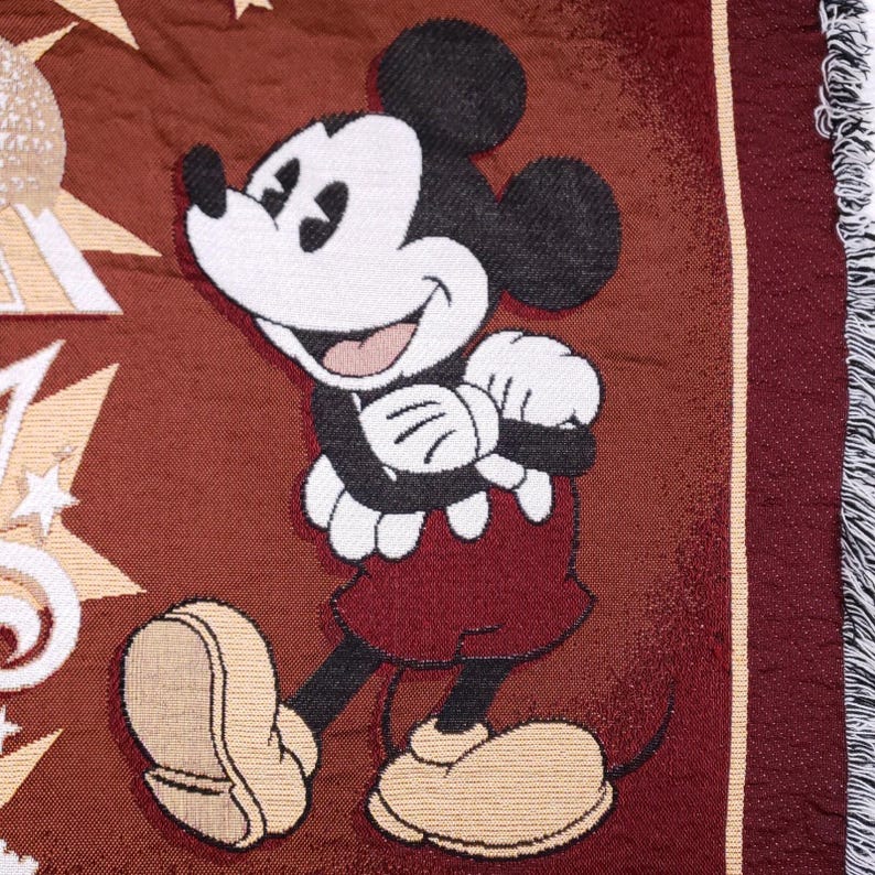 Walt Disney World Woven Tapestry Throw Blanket Maroon Mickey Mouse Four Parks image 7