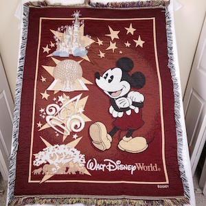 Walt Disney World Woven Tapestry Throw Blanket Maroon Mickey Mouse Four Parks image 1