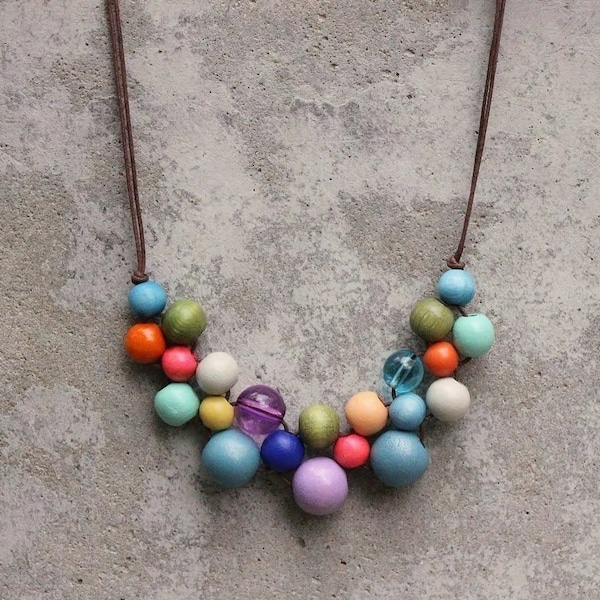 Wooden bead necklace, boho bib necklace, gypsy, lilac, nectarine, blue, peach, bright pastels, vintage colours, fashion colours, woven.