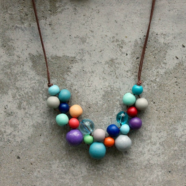 Retro coloured wooden bead necklace, aqua, purple, orange, navy, bib necklace, pastel, contemporary.