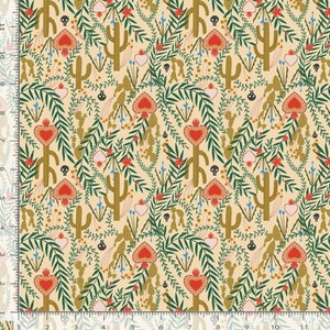 May include: A fabric pattern featuring a repeating design of cacti, hearts, skulls, and foliage in shades of green, red, and tan. The design includes various types of cacti, stylized hearts, and small skulls, creating a Southwestern or Day of the Dead theme.