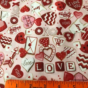 Valentines Fabric: "Love" Hearts & Cookies Print, 100% Cotton