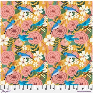 May include: Fabric with a repeating pattern of bluebirds, pink roses, white flowers, and green leaves on a mustard yellow background. The fabric has a ruler along the bottom edge, measuring up to 12 inches.