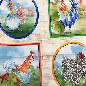 May include: Fabric panel featuring four watercolor illustrations of chickens and roosters in various settings. The images are framed in blue, green, red, and orange borders, set against a light wood-grain background. The artwork includes cacti and a blue sky.