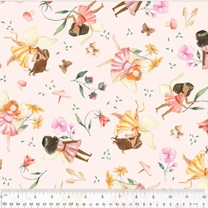 May include: A light pink fabric featuring a repeating pattern of fairies with butterfly wings, flowers, mushrooms, and butterflies. The fairies are depicted in various poses, wearing pink and yellow dresses. The fabric has a watercolor style.