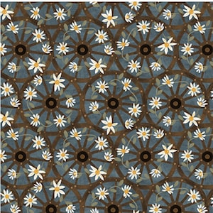 May include: A seamless pattern featuring white daisies with yellow centers, arranged around brown wagon wheels on a blue background.