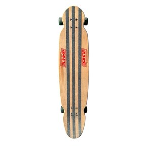 Könnte beinhalten: Ein Longboard-Skateboard aus Holz mit schwarzen Grip-Tape-Streifen und grünen Rollen. Das Board trägt das rote "BAHNE"-Logo auf dem Deck. Das Skateboard ist für Cruisen und Carven konzipiert.