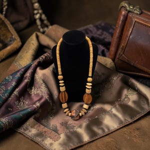 May include: A wooden necklace displayed on a black bust. The necklace features a light brown beaded strand, with alternating light and dark brown wooden beads. The necklace is set against a backdrop of a patterned silk scarf and a leather bag.