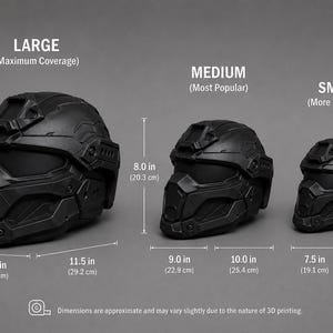 May include: Three matte black tactical helmets in large, medium, and small sizes. The large helmet measures 9.0 in by 11.5 in, the medium is 8.0 in by 10.0 in, and the small is 7.0 in by 8.5 in. Each helmet features a visor and angular design.
