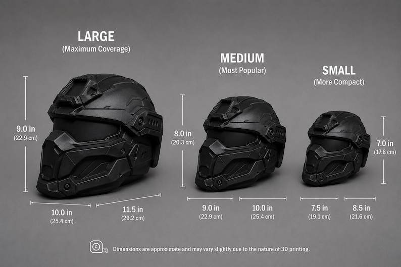 May include: Three matte black tactical helmets in large, medium, and small sizes. The large helmet measures 9.0 in by 11.5 in, the medium is 8.0 in by 10.0 in, and the small is 7.0 in by 8.5 in. Each helmet features a visor and angular design.