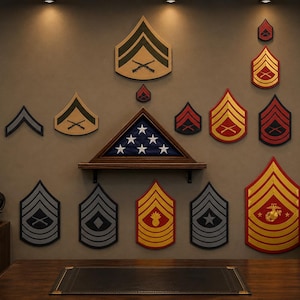 May include: A wall display featuring a collection of United States Marine Corps rank insignia plaques in various colors and designs, arranged around a central wooden triangular flag display case containing a folded American flag with white stars.