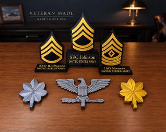 May include: Three black and gold United States Army rank plaques labeled SSG Rodriguez, SFC Johnson, and 1SG Meyers, alongside three metal-toned insignia pieces including a silver leaf, a silver eagle, and a gold leaf.