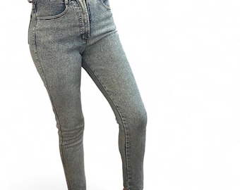 Jeans vintage Golden Star con efecto desteñido, raros de los años 80 y 90, cintura ultra alta de 24 pulgadas, entrepierna de 28.5 pulgadas, jeans estilo mom ajustados, mezclilla retro gris azulada para mujer