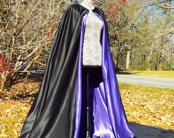Purple and Black Satin Witches Cape/Halloween Cape/Theatrical Cape/Witch Wear/Witch Gifts