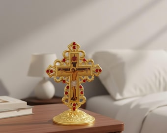Griechisch oxidiertes Metallkruzifix, Jerusalem inspirierte Ikone, heilige Kunst-Tischdekoration