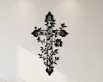 Wrought Iron Tree of Life Cross Wall Sculpture, Sacred Roots Decor