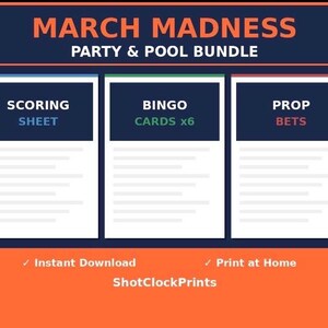 Paquete imprimible de cuadros de March Madness / Pool de la oficina del torneo de la NCAA / Bingo para ver partidos y apuestas especiales / Descarga instantánea en PDF