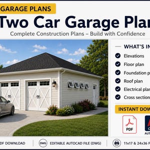 Peut inclure: Plans de construction pour un garage de 7,3 m x 7,3 m pour deux voitures. Le document comprend des élévations, des plans d'étage, de fondation, de toit et électriques, ainsi que des coupes. Fichiers disponibles en téléchargement PDF et DWG.