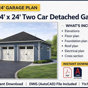 Peut inclure: Un plan de garage détaché pour deux voitures de 24' x 24' avec un extérieur bleu, des garnitures blanches et deux portes de style carrosserie. Le document inclut des élévations, plans d'étage, fondations, toiture, électricité et une coupe transversale.