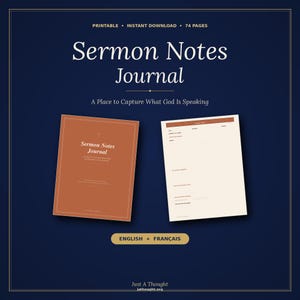Puede incluir: Un diario imprimible digital con el título "Sermon Notes Journal" sobre un fondo azul oscuro. El diario está disponible en inglés y francés. El diario tiene 74 páginas y es una descarga instantánea. Está diseñado para capturar lo que Dios está hablando.